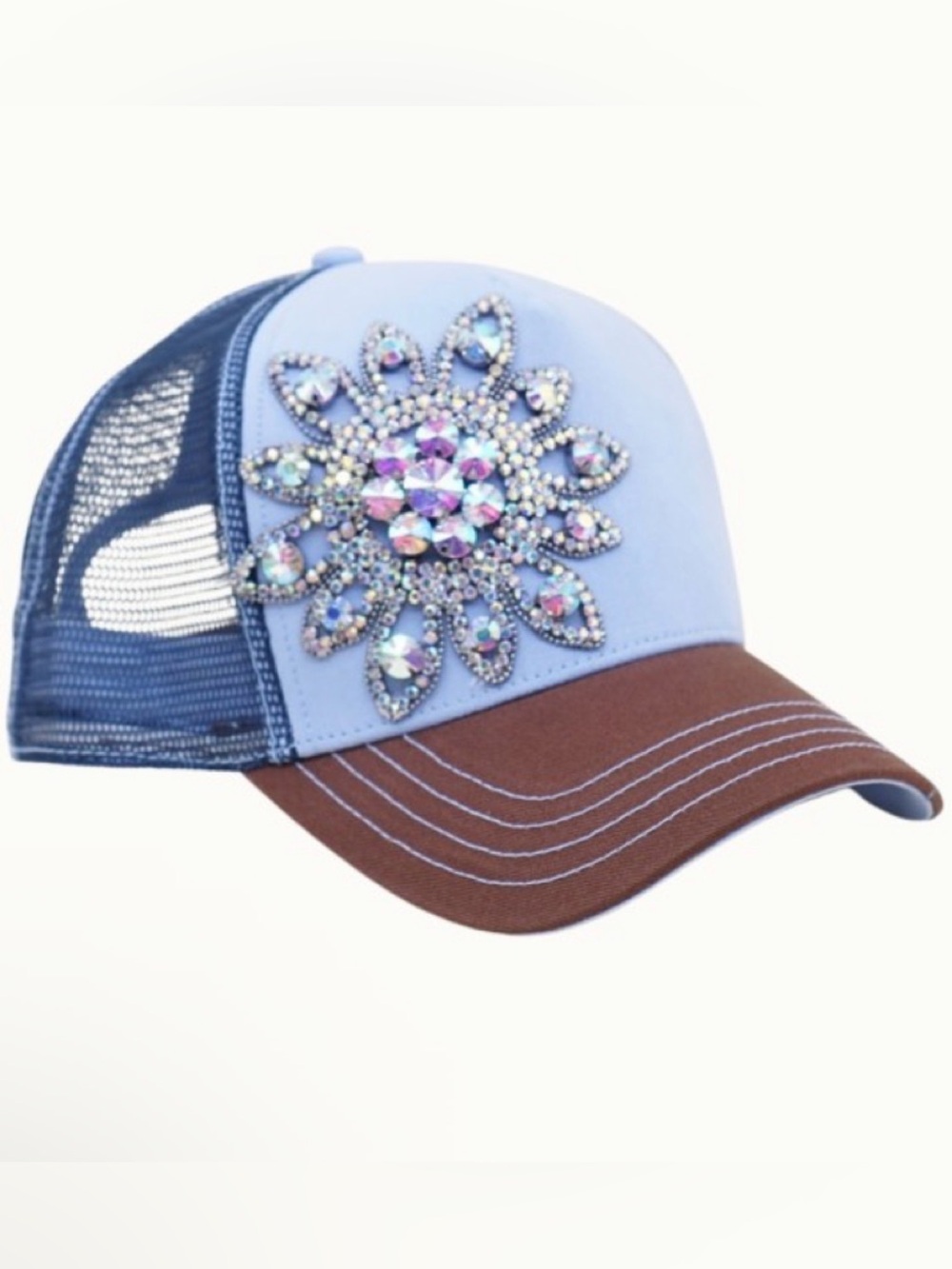 Embellished Blue & Brown Mesh Trucker Hat